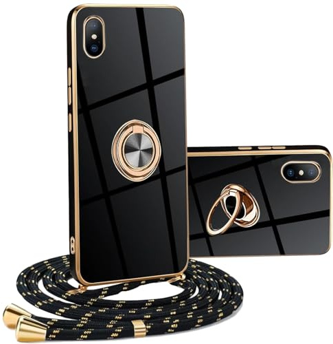 YAMCCCSE Handykette für iPhone X/iPhone XS Hülle mit Band | Galvanik Stoßfeste Silikon Handyhülle mit Ständer, Dünn Anti-Kratzt Case mit Kette Kordel Schutzhülle, Schwarz Gold