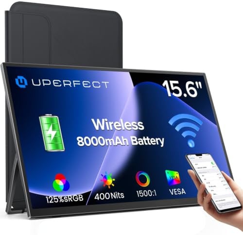 UPERFECT 15.6 Wireless Portable Monitor w/8000mAh Rechargeable Batteries, Support AirPlay, Miracast Display, FHD 1080P VESA USB-C Eye Care External Screen for Laptop/PC/Game Consoles/Phone