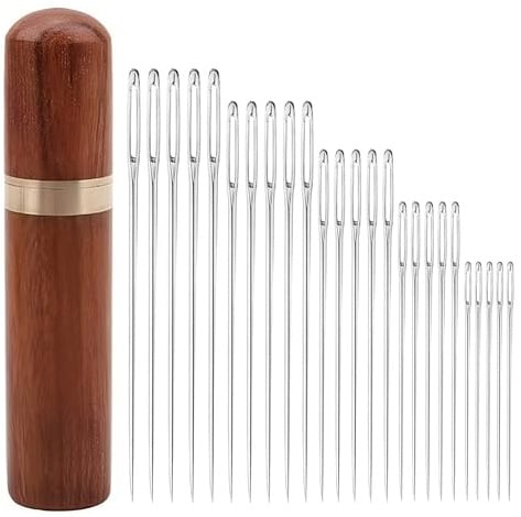 25 Stück Nähnadeln mit Großem Öhr, 5 Größen Nähnadeln Sticknadeln, Nähnadel Set mit Sandelholz-Nadelkasten für Handnähen und Garnstricken