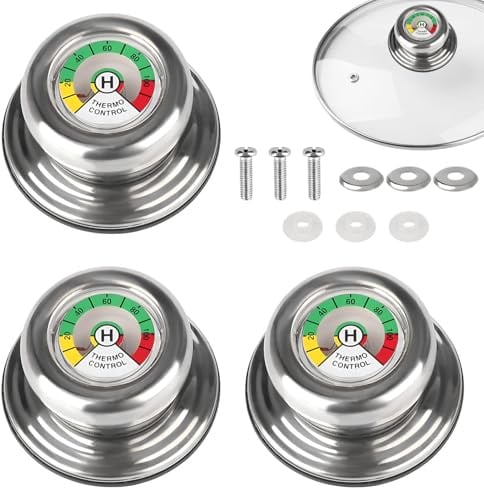 AONAYO 3 unidades de mango de tapa de olla con termómetro, mango de tapa de olla, compatible con ollas y sartenes AMC, mango de repuesto universal para tapa de olla, termómetro de cocina