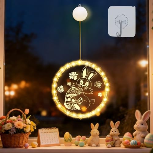 ACAREY Osterdeko Innen LED Fenster Licht, 42CM Osterhase LED Fensterlichter mit Saugnapf, Beleuchtet Ostern Deko Lichterkette Fensterdeko zum Aufhängen Batterieantrieb für Osterdeko Frühlingsdeko (E)