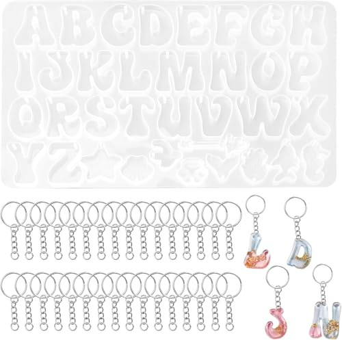 VOSSOT Stampo per Alfabeti in Resina Epossidica Set, Stampo in Silicone Perforato a Forma di Lettera Silicone con Anello Divisorio, Resina Epossidica Stampo per Portachiavi Fai da Te Gioielli Numero