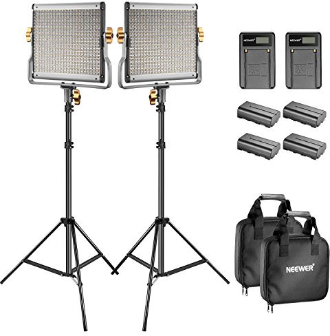 Neewer Bi-color LED 480 Video Light and Stand Kit with Battery and Charger for Studio, YouTube Video Shooting, Durable Metal Frame, Dimmable with U Bracket, 3200-5600K, CRI 96+ (2 Pack)