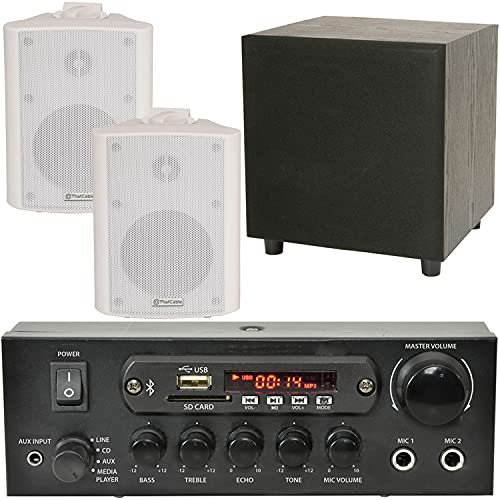 PREMIUM TV Sound System – 2x 90W White Wall Mounted Speakers | 200W Active Bass Subwoofer | 110W Bluetooth Stereo Amplifier/Amp – Living Room Audio Kit