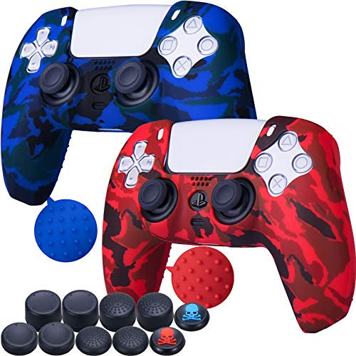 9CDeer 2 Pieces of Silicone Transfer Print Protective Cover Skin + 10 Thumb Grips for Playstation 5 / PS5 Controller paint Red & Blue