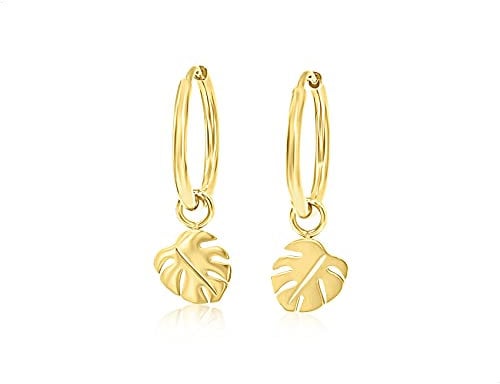 Nuoli® Ohrringe Monstera Blatt Gold (Durchmesser: 12mm) Creolen mit Blatt Anhänger Damen