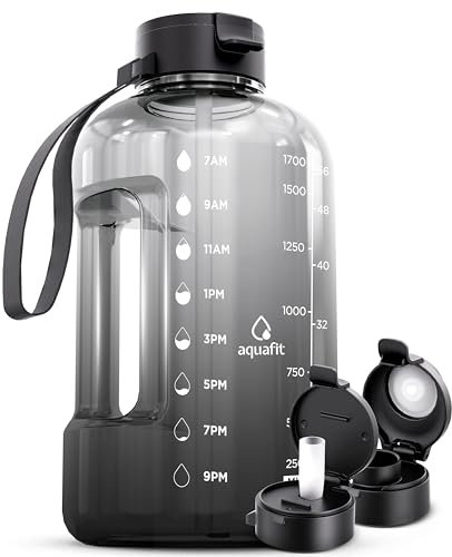 AQUAFIT 2 Litre Water Bottle with Straw - Water Bottles 2L with Time Marker - Half Gallon Big Bottle with Straw - Large Bottle For Gym - Grey Fade, 2 Lids