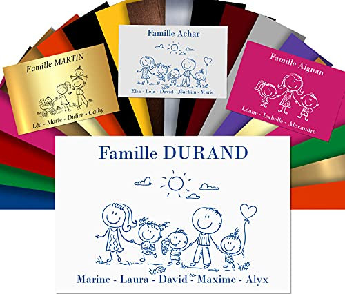 Plaque De Maison Famille Personnalisée Pour Boite Aux Lettres - Plaque Family PVC À Personnaliser - 12x8cm - 24 Motifs Disponibles (Blanc écrit Bleu)