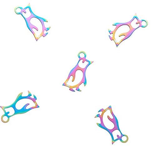 Airssory Pinguin-Anhänger aus 201 Edelstahl, Regenbogenfarben, 14 x 7 mm, mit Sprungringen für selbstgemachte Schmuckanhänger, 5 Stück