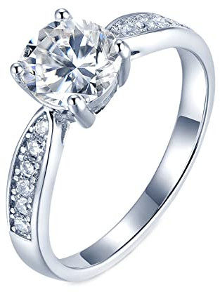 Gualiy 925 Ringe Damen, Ringe Silber Ausgefallen, 925 Sterling Silber 4 Zinken Solitär Design 6,5 mm Moissanite 1 Karat Ring für Damen, Größe 57 (18.1)