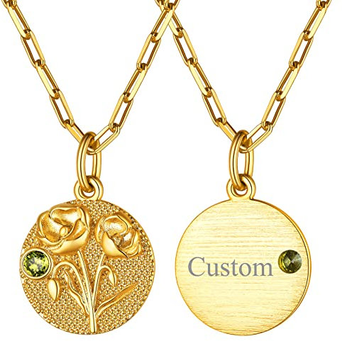 FOCALOOK Damen Personalisierte Geburtsstein Münze Kette 18k vergoldet August Geburtsblume Klatschmohn Anhänger Halskette 45+5cm Rolokette Geburtsmonat Schmuck für Party Cocktail