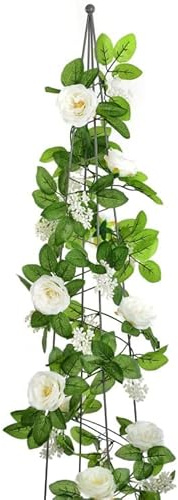 Mason & Jones Rose Artificial Flowers garland 180cm long- Plant with Green leaves with Cream flower trellis expanding fake leaves decoration plants for fence