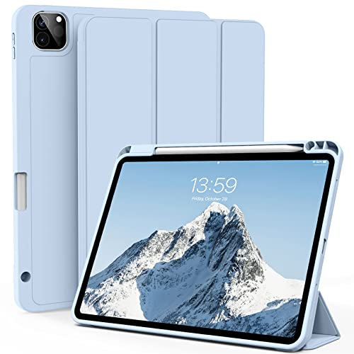 ZOYU Case for iPad Pro 11 Inch 4th/3rd/2nd Generation (2022/2021/2020), Slim Trifold Smart Case with Pencil Holder, Soft TPU Back Cover [Support 2nd Pencil Charging], Auto Sleep/Wake, Sky Blue
