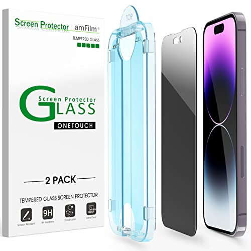 amFilm OneTouch for iPhone 14 Pro 6.1 2022 Privacy Screen Protector 2 Pack 9H Tempered Glass Anti Spy Private Edge to Edge Full Coverage with Easy Installation Kit