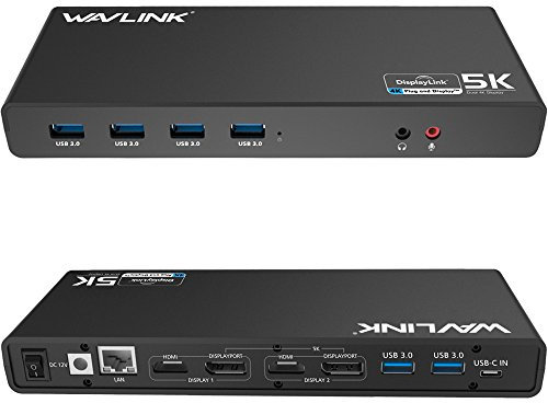 Wavlink Docking station universale USB C 5KUSB-C, doppia docking station video 4K 2 HDMI, 2 DisplayPort, Gigabit Ethernet, USB C in, 6 USB 3.0, audio, microfono, docking station universale per laptop