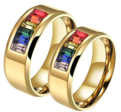 Banemi Ringe Verlobung, Eheringe Gold Edelstahl LGBT mit Regenbogen-Zirkonia für Paar Valentinstag