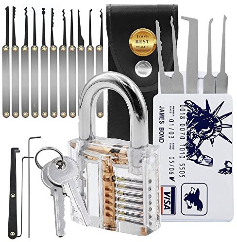Kit de crochetage de serrure 20 pièces avec cadenas transparent et carte de crédit pour débutants et serruriers