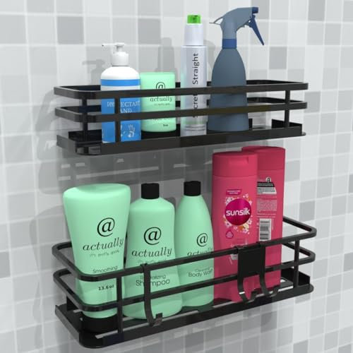 DECONOST Premium Bathroom Organiser Shower Storage, No Drilling, Adhesive Black Shower Caddy Shelves | Large Holder for Toiletries, Soap, Shampoo, Shower gel, Razor - Renter Friendly | UK Brand