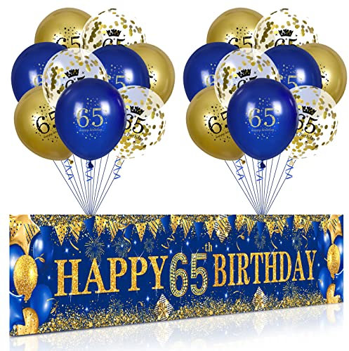 65. Geburtstag Party Deko für Mann Fraue Blau Gold, Luftballons 65. Geburtstag Blau Gold Banner und 18 PCS 65. Happy Birthday Konfetti Ballons für Deko 65 Jubiläum Geburtstagsparty Dekoration