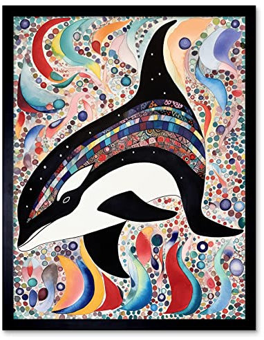 Artery8 Modern Folk Art Pattern Orca Whale Art Print Framed Poster Wall Decor 12x16 inch