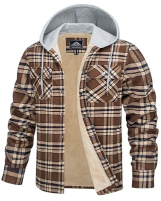 TACVASEN Vestes Homme à Carreaux Fleece Chemises à Capuche Doublée en Flannel à Carreaux Quiltée Fleece Hoodies Coton Lumberjack Marron,L