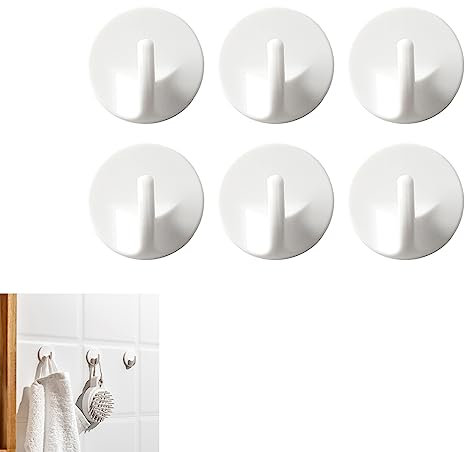 6pcs Self Adhesive Plastic Hooks, White Wall Hanging No Drilling Stick on Removable Multi-Purpose Hooks for Kitchen Bathroom Office Closet