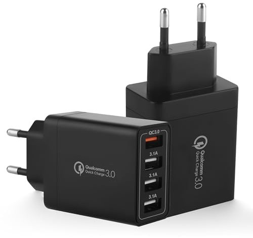 2-Pack Cargador USB 33W para Móvil con Carga Rápida, Enchufe USB Pared Multiple con 4-Puertos, Quick Charge Compatible con iPhone, iPad, Samsung Galaxy, Google, Adaptador Corriente Rapido 3.0