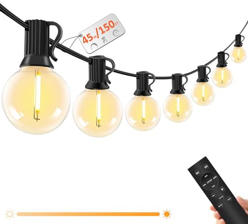 Lichterkette Außen mit Fernbedienung - 45M /150FT LED Lichterkette Dimmbar 58+2 G40 Glühbirnen, 4 Modus und Timmer Funktion, Wasserdicht für Outdoor Garten Balkon Terrasse Party Camping Hochzeit