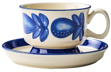 Soulnioi Ceramic Coffee Mug, Retro Cappuccino Cup and Saucer Set, 220ML Handpainting Floral Tea Cup Milk Cup for Gift - Blue
