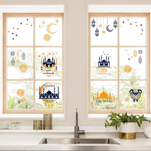 4 Stück Ramadan Fensteraufkleber, Eid Mubarak Fensterbilder Eid Fensteraufkleber Muslim Ramadan Fensterbilder für Zuhause Party Schaufenster Dekoration