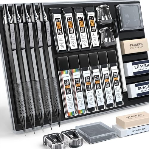 STAGEEK 5Stück Druckbleistifte Set,0,3 0,5 0,7 0,9 2,0mm metall mechanischer bleistift mit 384 Minen(6B, 4B, 2B, HB, 2H, 4H, Farbe),schreibwaren,für Künstler, Skizzieren, Zeichnen,schwarz
