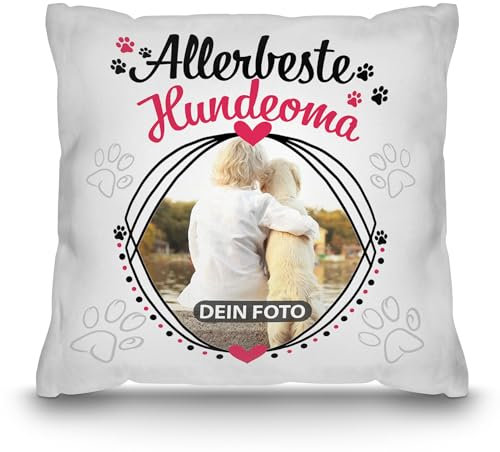 PR Print Royal Hunde-Kissen mit Foto Allerbeste Hundeoma - Geschenk für Hundefreunde zum Geburtstag | Personalisiertes Geschenk, inkl. Füllung, Weiß