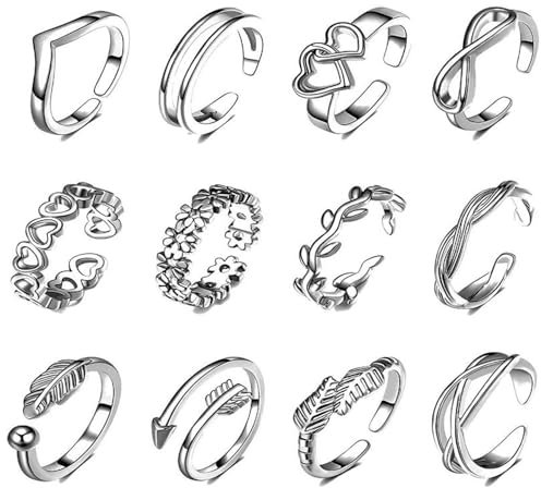VilaGi 12Pcs Toe Rings for Women, Adjustable Toe Rings Set for Women Silver Plated T/oe R/ings Open Stackable Rings Simple Thumb Ring Knuckle Rings Joint Ring for Beach,Foot Jewelry for Girls
