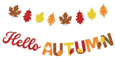 Autumn Decor Bunting - 2Pack Glitter Gold Orange Hello Autumn Letter Burlap Banner & Maple Leaf Garland Hanging Banner for Thanksgiving Harvest Autumn Decorations Party Bunting Home Decor
