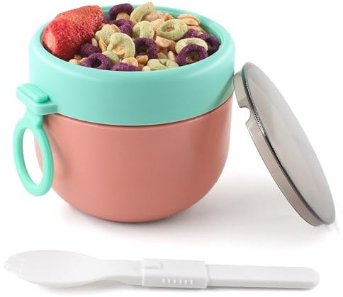HUAERSICO Taza de desayuno con cuchara plegable, 600 ml, taza para ensalada de frutas para niños, para desayuno y aperitivos, taza de avena a prueba de fugas, ideal para la escuela, excursión, trabajo