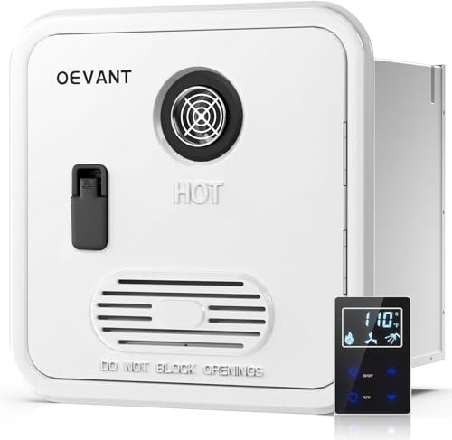 OEVANT RV Tankless Water Heater, 55,000 BTU RV Instant Water Heater with Intelligent Thermostat, 15x15 Inchs Door and Front Water Outlet, Propane, DC 12V, Compatible with All RVs(White)