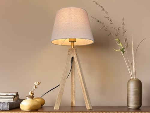Dreibein Holz Tischlampe mit Stoffschirm Creme Weiß, 55cm groß
