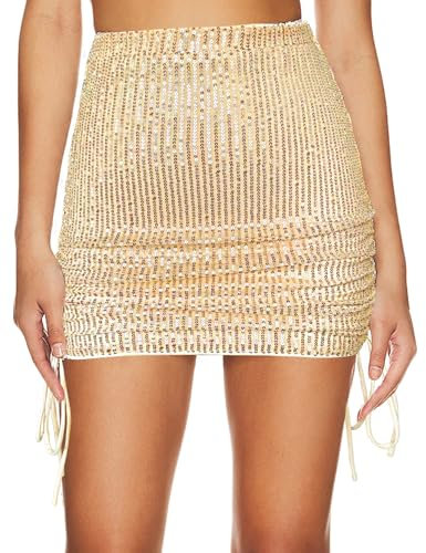 MAYFASEY Damen Paillettenrock Glitzernder Glitzer Bodycon Miniröcke Seitlicher Kordelzug Rüschen Mini-Bleistift Kurzer Rock, Gold, XXL