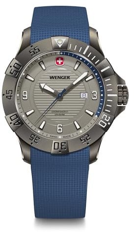 WENGER Herren Armbanduhr Seaforce, Ø 43 mm, Swiss Made, Analog Quarz, Wasserdicht bis 200 m, Silikon-Armband, Schwarz/Blau, 01.0641.142