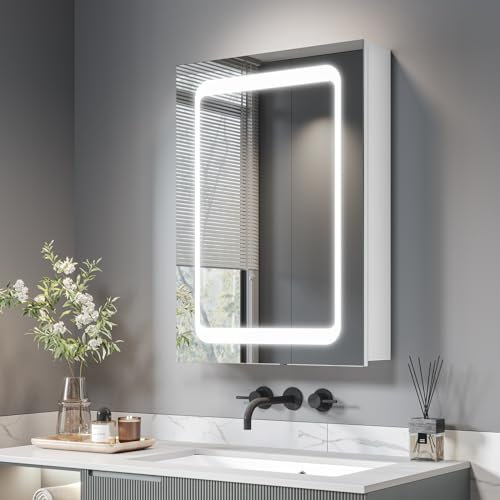 Dripex Spiegelschrank Bad mit Beleuchtung, Glasablage und Steckdose, Badezimmerschrank mit Spiegel, Sensor-Schalter, Beschlagfrei Weiß 60 x 80 cm Verbesserte Version