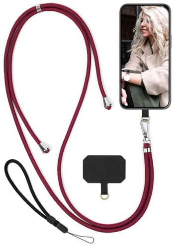moex Unleash für OnePlus Nord 4 Handyband zum Umhängen ohne Hülle, Handykette Universal mit Karabiner, Handy Band abnehmbar, Kette mit Pad für Handyhülle, Rot, Silber