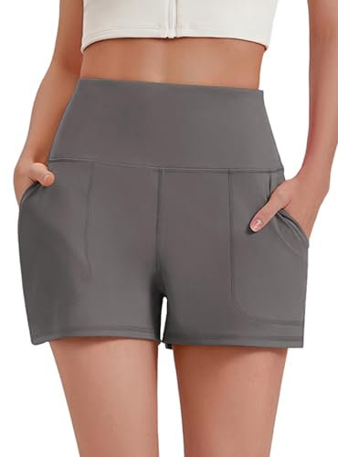 PINSPARK Sport Shorts Damen Hohe Taille Sportshorts Laufshorts Kurze Jogginghose Weites Bein Schnelltrocknend Sommer Yoga Gym Shorts Trainingsshorts Wanderhose mit 2 Tasche Dunkelgrau S