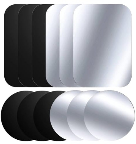 TQPUWT Juego de 12 Placas de Metal Autoadhesivas con Adhesivo para el Coche, L¨¢Minas Met¨¢licas para Soporte movil Coche, Placas de Metal Muy Finas para teléfono móvil, 6 Redondas y 6 Rectangulares