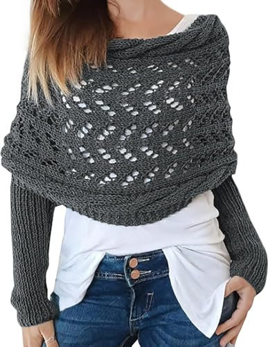 Shangmeishidai Schal mit Ärmeln Strick, Gestrickter Ärmelschal mit Häkelmuster, Gestrickter Zopfmusterschal mit Ärmeln für Damen, Multifunktionaler Pulloverschal (Dunkelgrau)