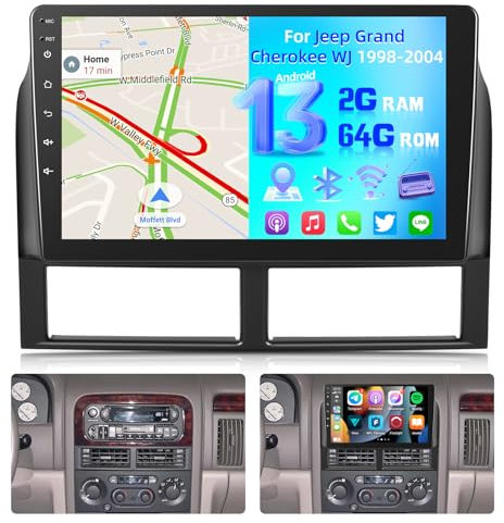 2+64G Autoradio für Jeep Grand Cherokee WJ 1998-2004 - Kabelloses Carplay & Android Auto - 9 Zoll Android 13 Radio - WiFi EQ GPS Mirror Link FM RDS + AHD Rückfahrkamera und Mikrofon