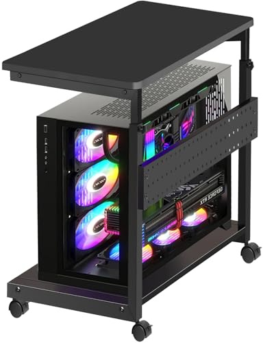 RayLove Height Adjustable Computer Tower Stand, 2-Tier Heavy Duty Mobile PC Tower Stand with 4 Locking Swivel Casters for Most Carpets, Gaming PC and Printer (Black)