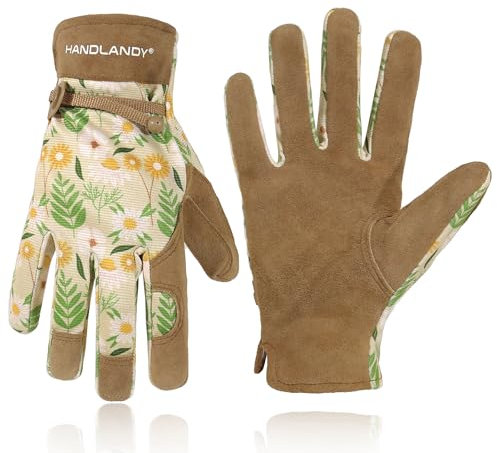 HANDLANDY HLDD Damen-Gartenhandschuhe, atmungsaktive Damen-Arbeitshandschuhe aus Leder für Gartenarbeit, Autofahrer, Mechaniker, Bauarbeiter (Groß, Braun und Grün)