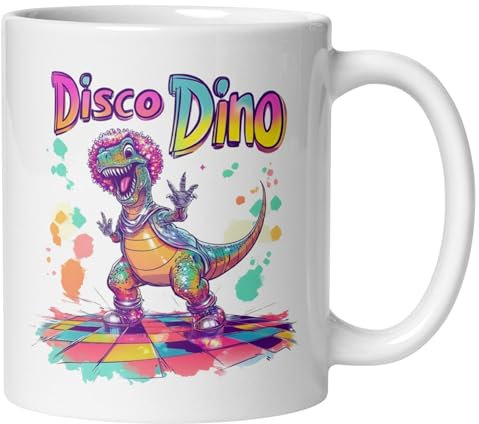 Dino Tasse | Disco Dinosaurier auf der Tanzfläche mit Afro Perrücke | Lustige Dinosaurier Tasse mit Spruch | Witziger Retro Becher mit Dino Design | Geschenkidee für Dino Fans