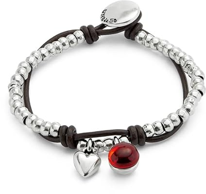 Uno de 50 Armband aus Sterlingsilber mit Leder und rotem Muranoglas | Armband mit Kugeln, versilbert, mit Leder und rotem Muranoglas, Größe M. Handgefertigt in Spanien.