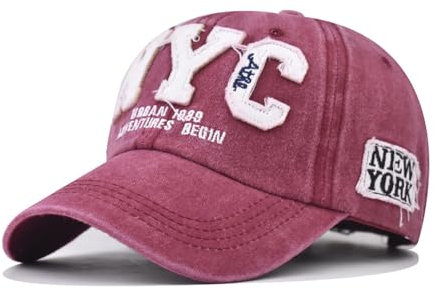 NYC Bestickte Denim-Baseballmützen für Herren, klassische Outdoor-Kappe, Unisex, Baseballmütze für Papa, weinrot, 58